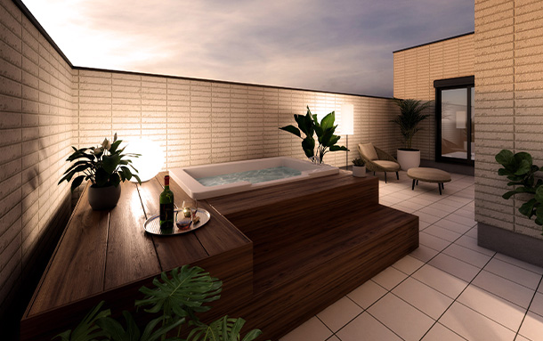 独自のバルコニーや中庭の設計ノウハウを活かし、周囲の視線を遮りつつ、風を感じられるスカイバス。